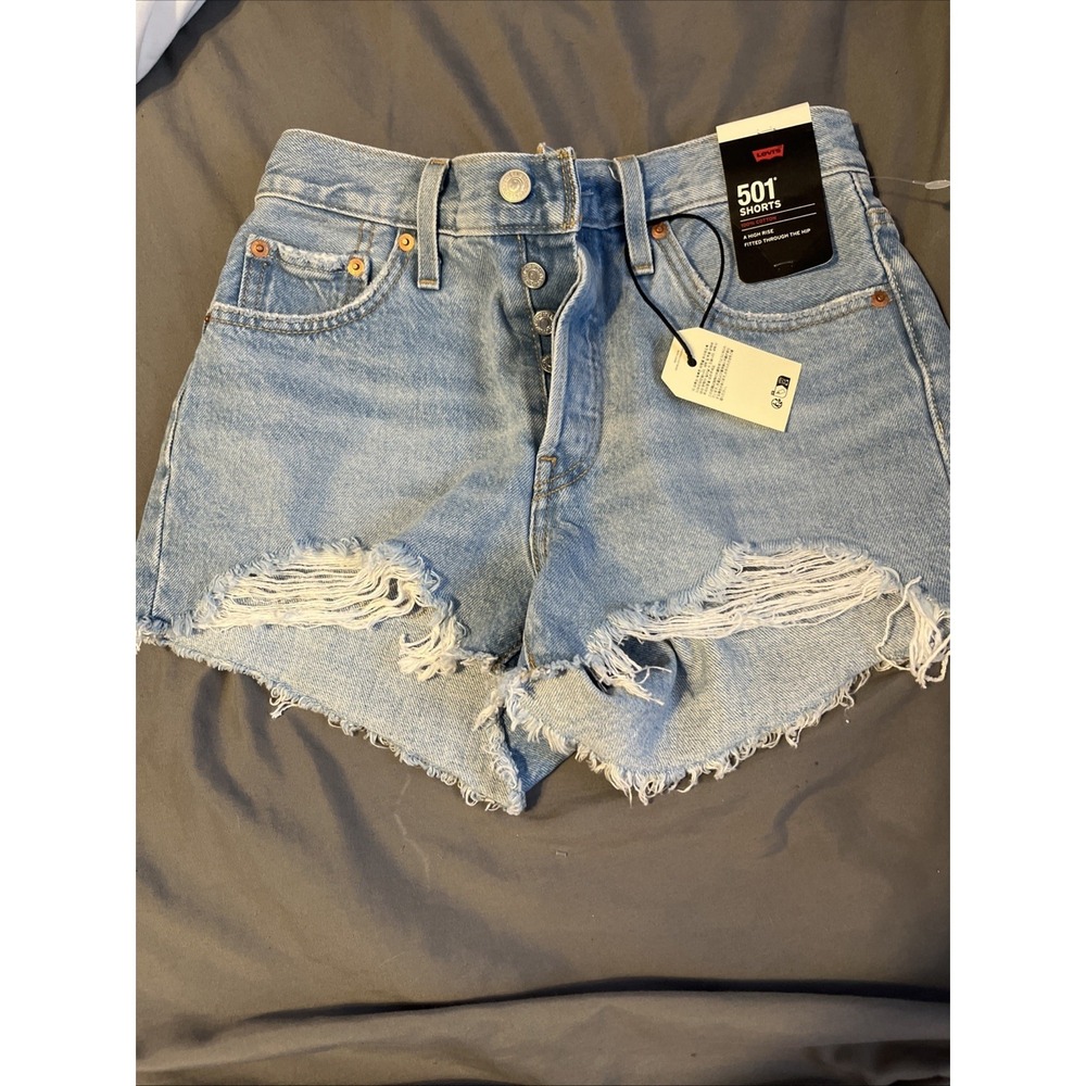 Levis 501 Shorts SZ 25 Cut Off Denim Button Fly High Rise Distressed Raw Hem